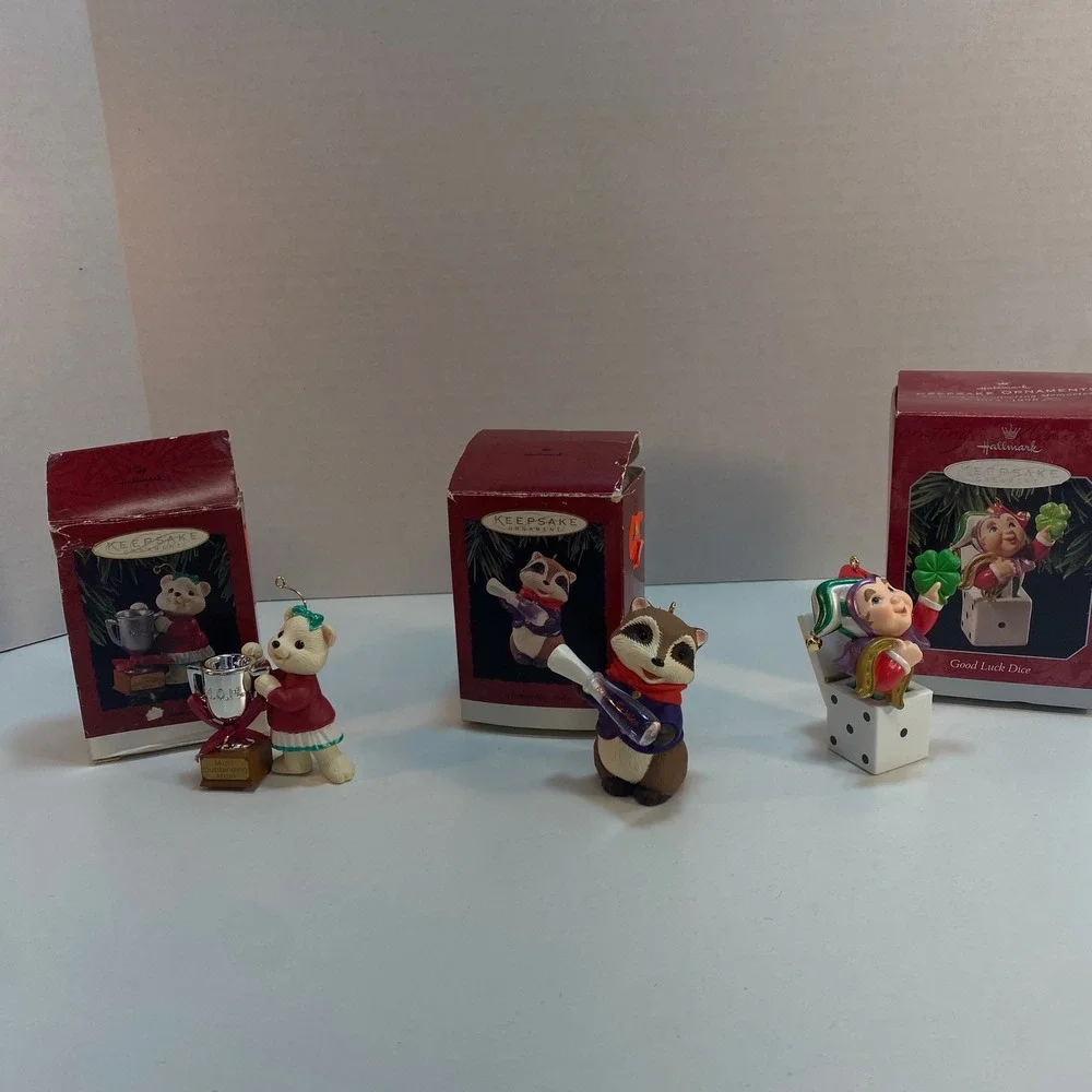 Hallmark Keepsake Ornaments Lot of 3 Bears Raccoon Jester Dice Vintage Christmas
